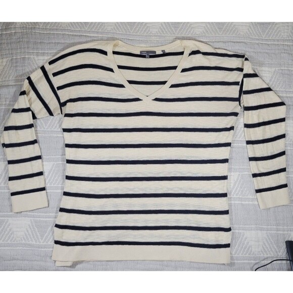 Vince Striped V-Neck Sweater Women’s Large 100%‎ Cotton Navy Cream - Picture 2 of 11